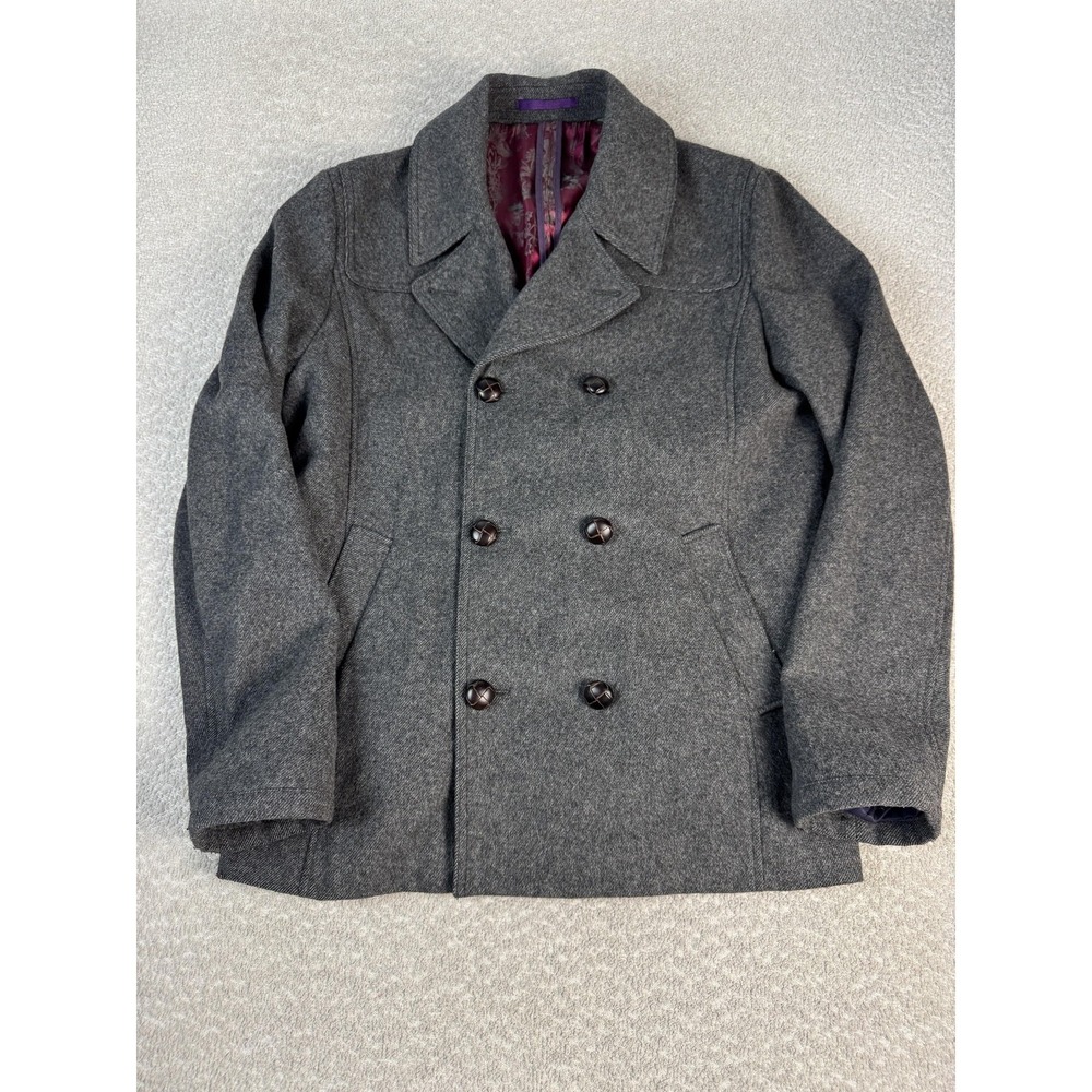 Ted Baker Coat Mens 5 Gray Wool Herringbone Tweed Pea Coat‎ Lined